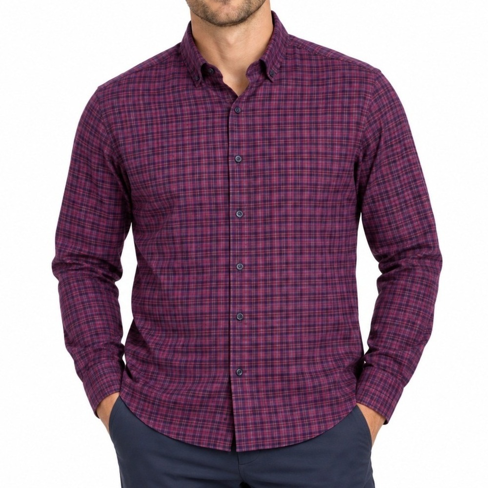 Mizzen+Main Shirt Mens XL Red Navy Plaid Standard Fit Performance Button Down